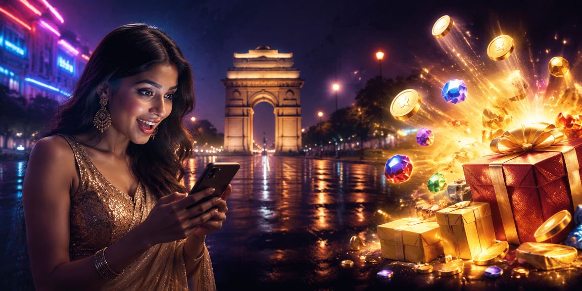 Mobile casino gaming neon lights at Delhi India Gate